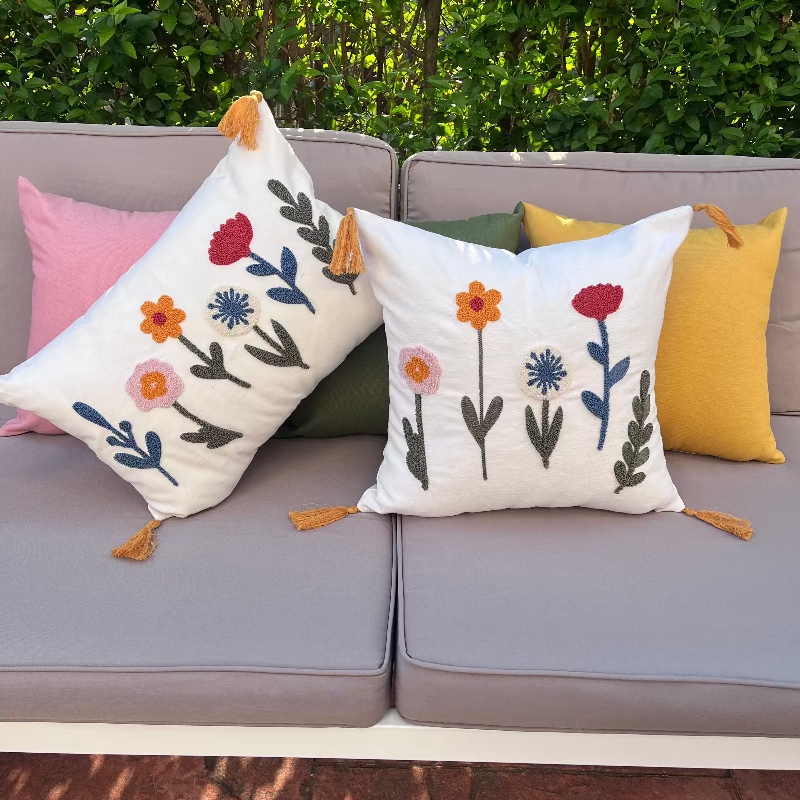 Bloomfield Collection square embroidered floral cushion with tassels – boho decorative pillow for living room or bedroom décor