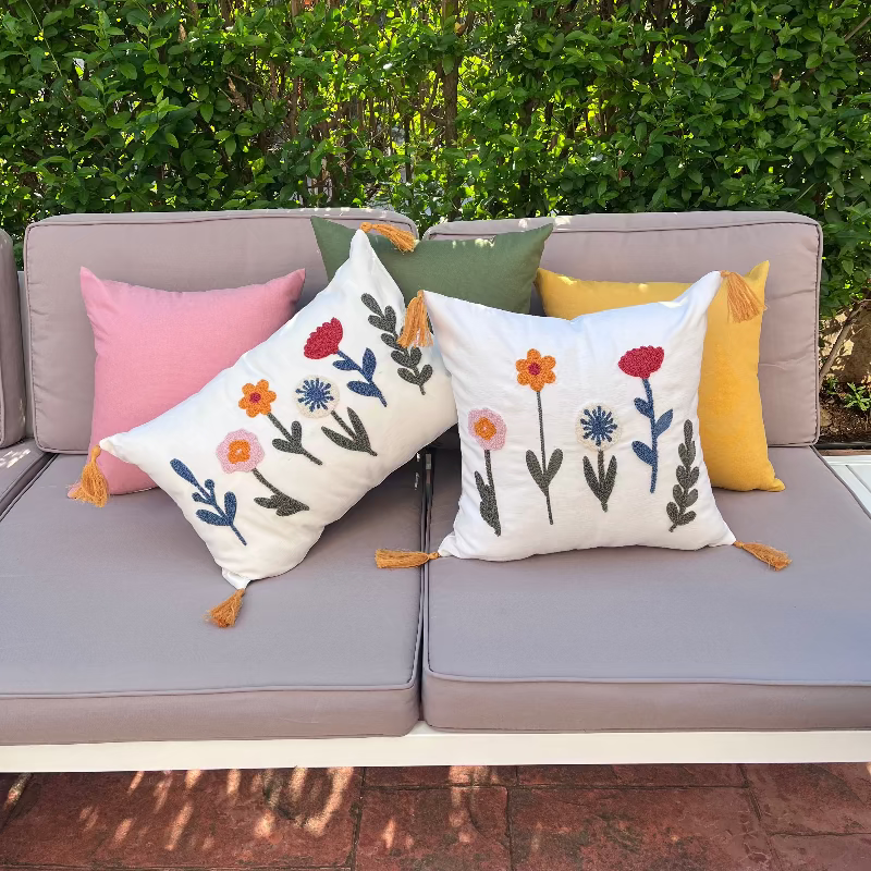 Bloomfield Collection rectangular embroidered floral cushion with tassels – boho decorative pillow for living room or bedroom décor