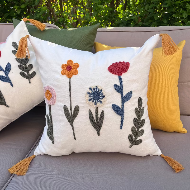 Bloomfield Collection square embroidered floral cushion with tassels – boho decorative pillow for living room or bedroom décor