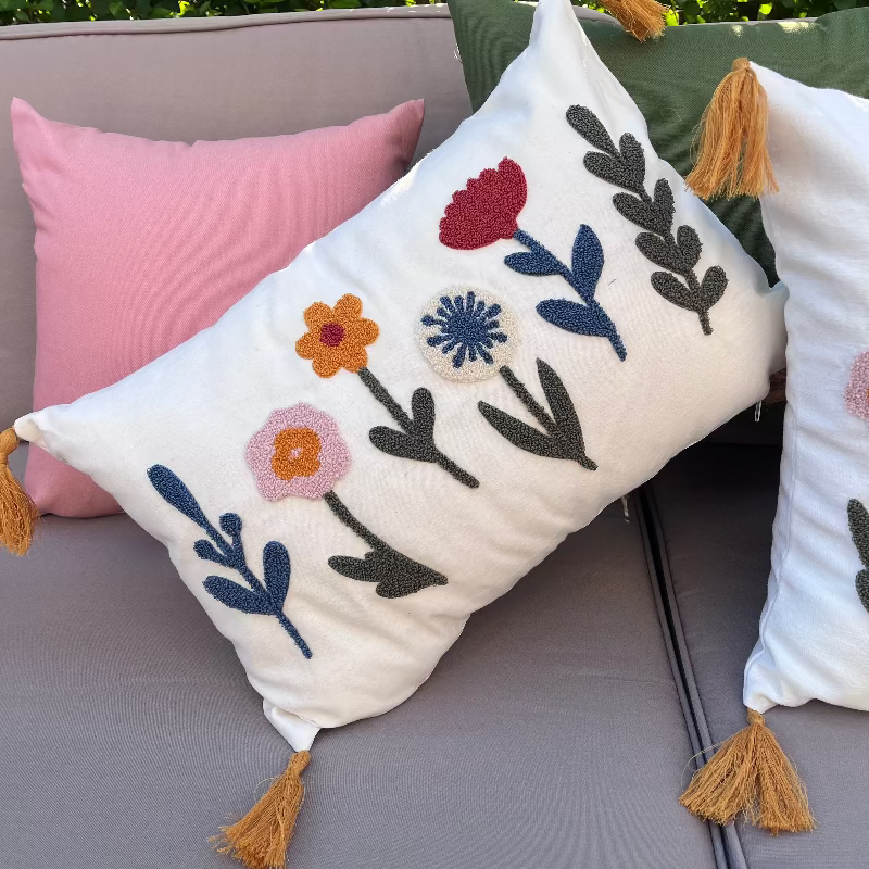 Bloomfield Collection rectangular embroidered floral cushion with tassels – boho decorative pillow for living room or bedroom décor