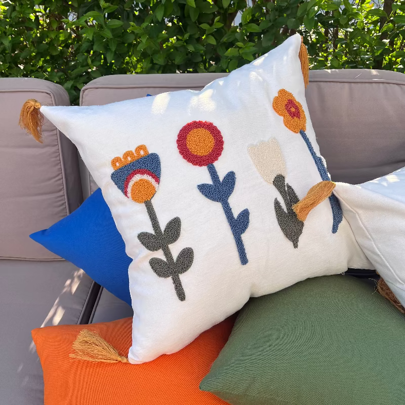 Sunny Bloom Collection square floral embroidered cushion cover with colorful flowers and yellow tassels – 43x43 cm decorative pillow