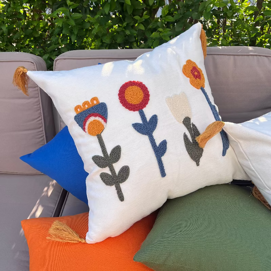 Sunny Bloom Collection square floral embroidered cushion cover with colorful flowers and yellow tassels – 43x43 cm decorative pillow