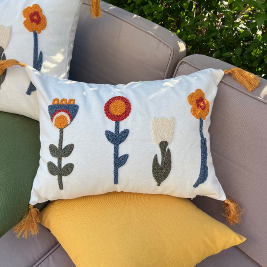 Sunny Bloom Collection rectangular floral embroidered cushion cover with colorful flowers and yellow tassels – 35x50 cm lumbar pillow