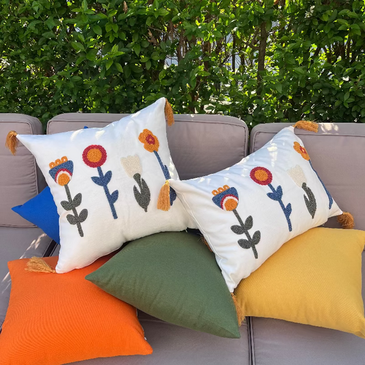 Sunny Bloom Collection square floral embroidered cushion cover with colorful flowers and yellow tassels – 43x43 cm decorative pillow
