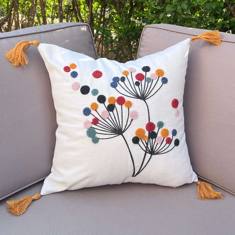 Vivid Bloom Collection square embroidered cushion cover with yellow tassels, dandelion burst floral motif with multi-colored embroidery dots – 43x43 cm decorative pillow