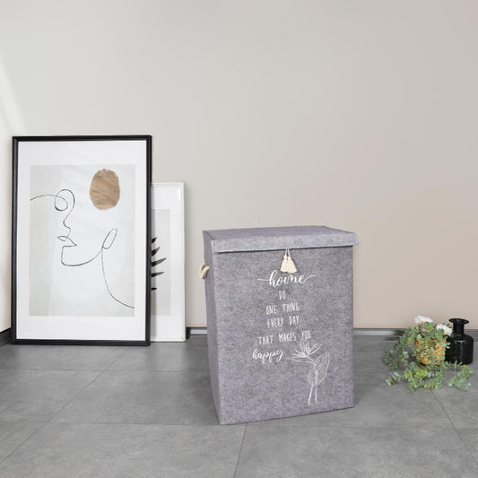  felt laundry basket with lid and tassel
 felt storage box with rope handles
Modern laundry hamper with inspirational text design
felt organizer for clothes, toys, or linens
