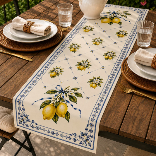 A rectangular table runner with a lemon and floral pattern, laid out on a wooden outdoor dining table with plates, napkins, and glasses.