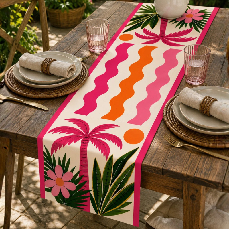 A tropical-themed table runner displayed on a wooden dining table, styled with plates, napkins, and pink glasses in an outdoor patio setting.