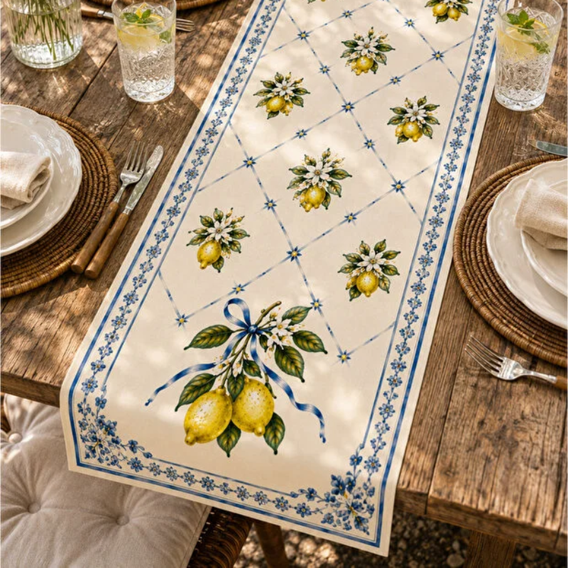 Set of four Mediterranean-inspired decorative cushion covers featuring lemons, citrus blossoms, blue ceramic vases, striped patterns, and traditional Italian tile motifs displayed on a neutral sofa.