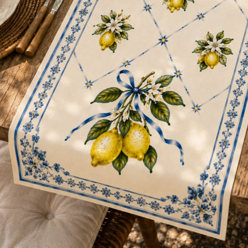 A rectangular table runner laid on a wooden table, featuring a vintage-style print of lemons, white flowers, blue ribbons, and a floral border on an off-white background.