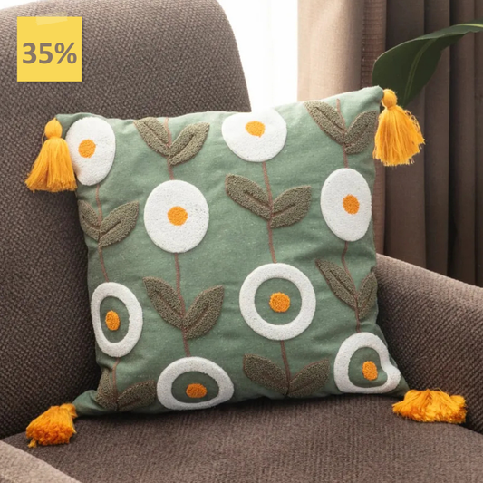 Olive Comfort Collection – Square Floral Embroidered Cushion Cover with Mustard Tassels – 43x43 cm