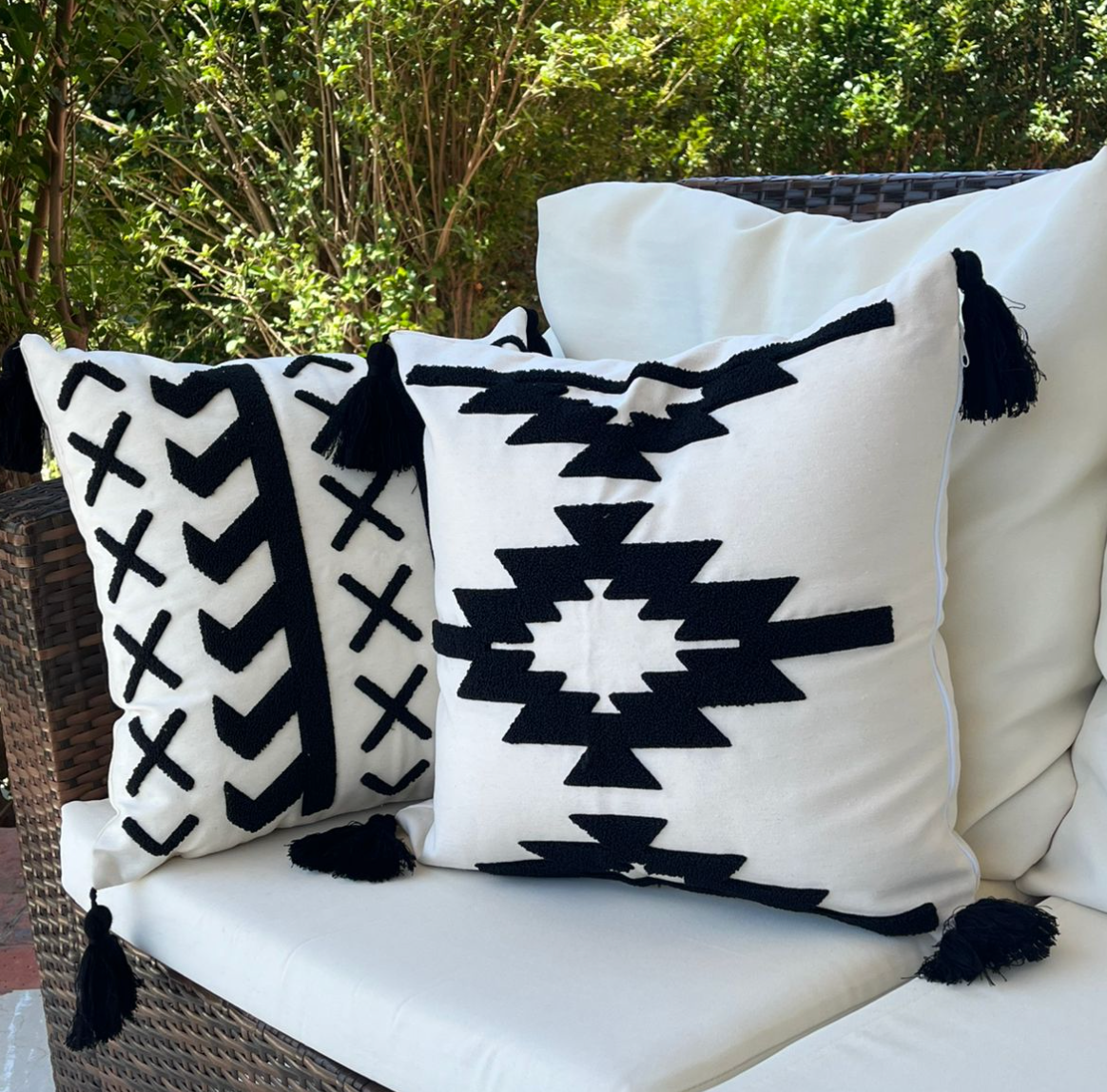 Tribal Collection square arrow and cross embroidered cushion cover in black and white with black tassels – 43x43 cm decorative pillow