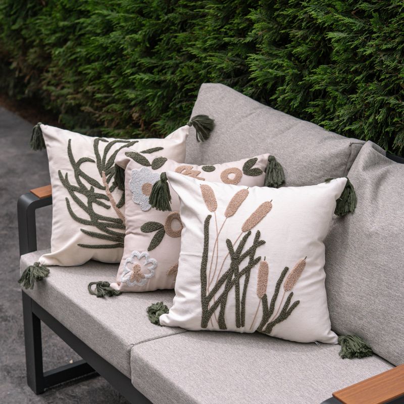 Evergreen Collection reed embroidered cushion cover with beige cattails, green stems, and green tassels – 43x43 cm decorative pillow