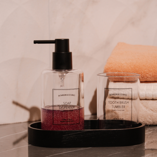 Minimalist bathroom set with soap dispenser and toothbrush tumbler on tray