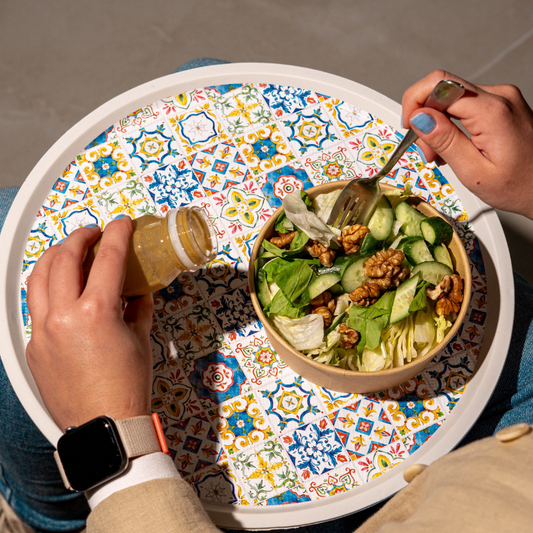 Round decorative tray with colorful mosaic tile pattern
Artistic serving tray featuring Mediterranean tile design
Colorful round tray for kitchen or coffee table décor
Mosaic-inspired tray with geometric and floral motifs