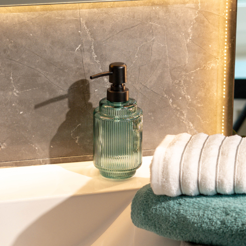 Ribbed glass soap dispensers with sleek pump design for bathroom or kitchen