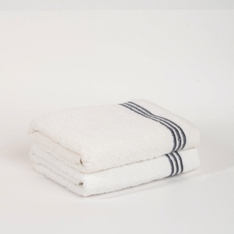 White cotton towel set with gray striped border – luxury soft absorbent bathroom towels