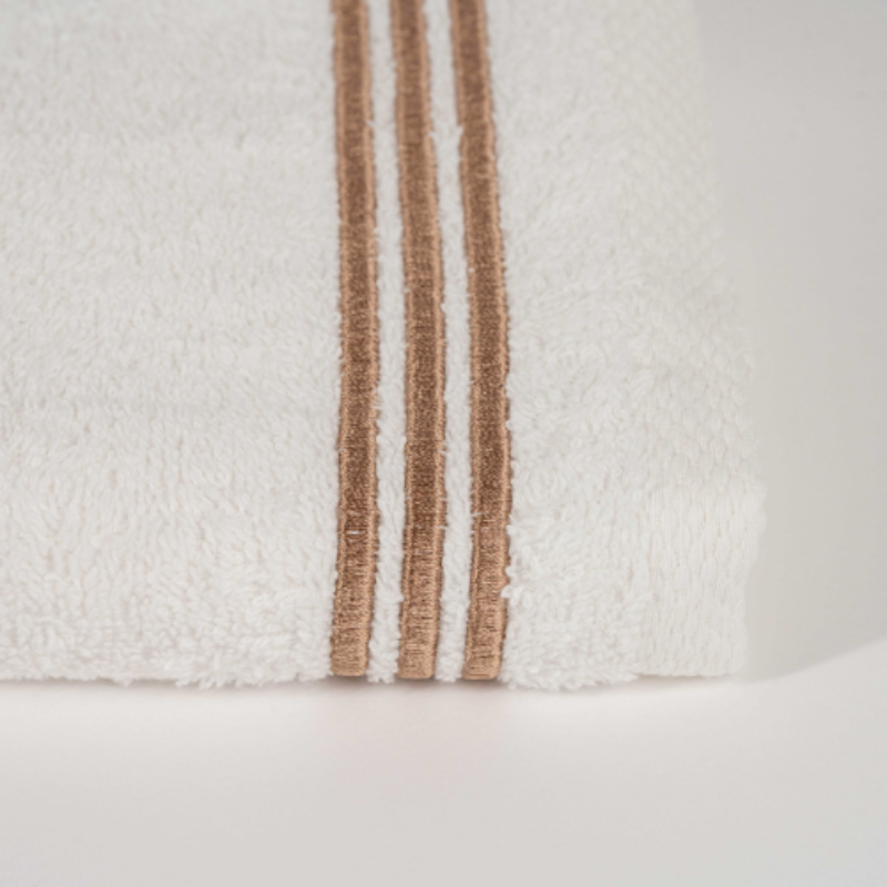 White cotton towel set with gray striped border – luxury soft absorbent bathroom towels
