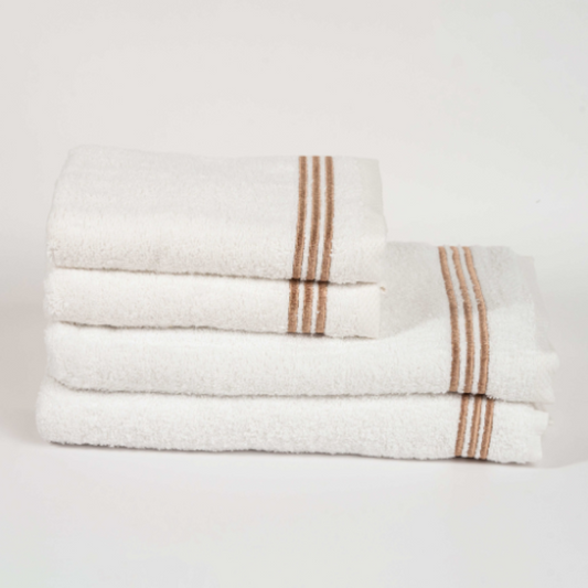 White cotton towel set with gray striped border – luxury soft absorbent bathroom towels