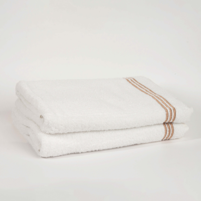 White cotton towel set with gray striped border – luxury soft absorbent bathroom towels