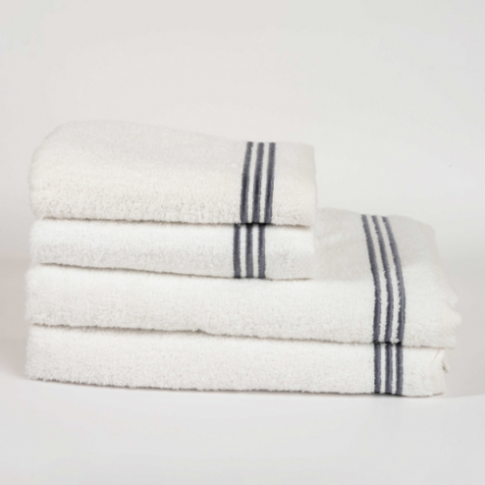 White cotton towel set with gray striped border – luxury soft absorbent bathroom towels