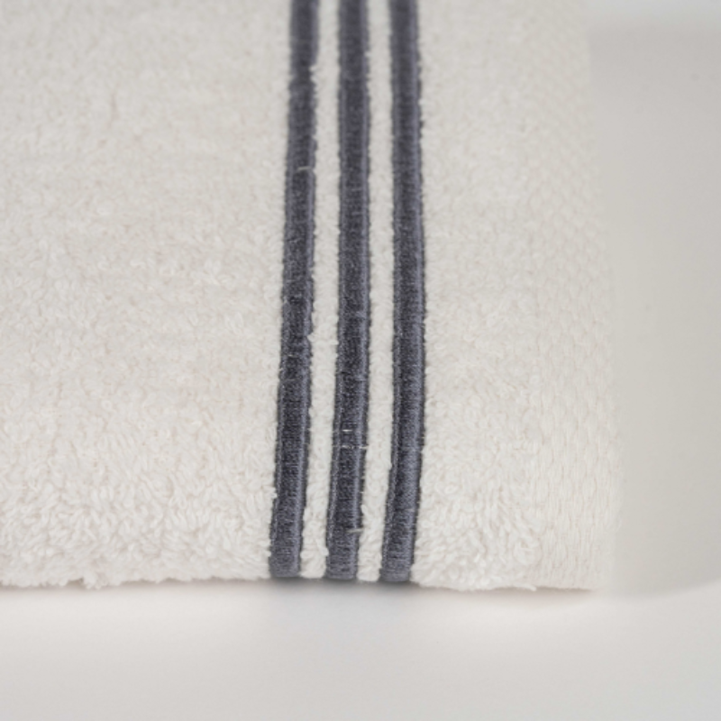 White cotton towel set with gray striped border – luxury soft absorbent bathroom towels