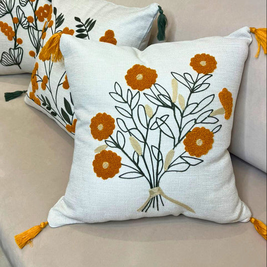 Embroidered Floral Cushion Cover with Mustard Tassels – Ivory