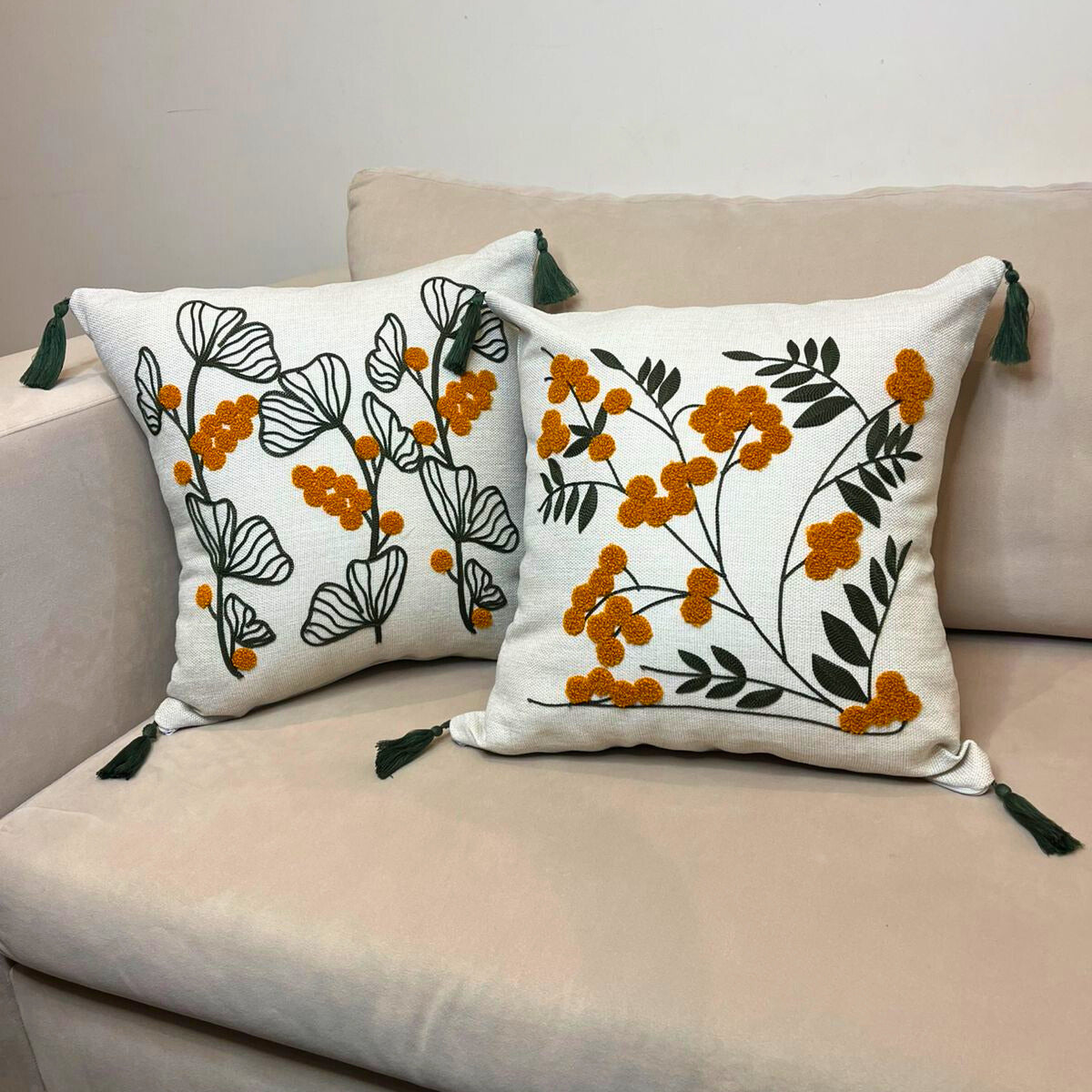 Embroidered Botanical Cushion Cover with Tassels – Ivory & Mustard
