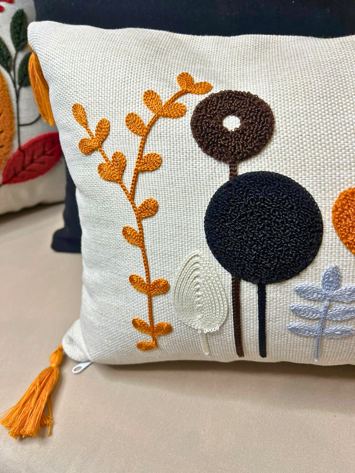 Embroidered Botanical Lumbar Cushion Cover with Tassels – Modern Folk Design