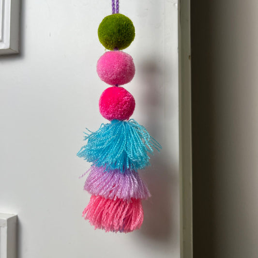 Handmade Colorful Pom Pom Tassel Hanging Decor – Boho Yarn Wall Ornament with Layered Tassels