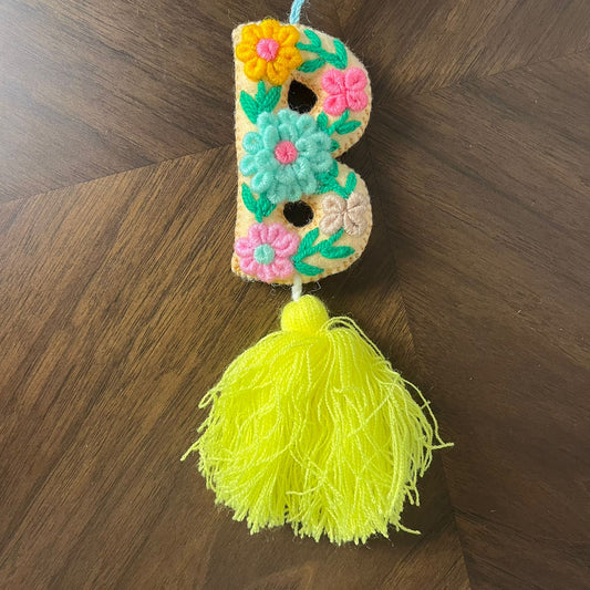 Handmade Embroidered Letter B Ornament with Tassel – Floral Initial Hanging Decor