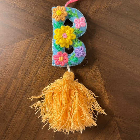 Handmade Embroidered Letter B Ornament with Tassel – Blue Floral Initial Hanging Decor