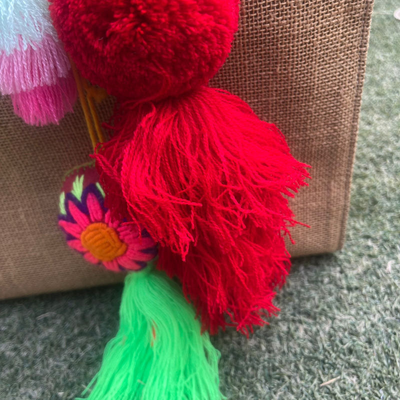 Red fluffy tassel keychain with soft pom pom placed on grass background