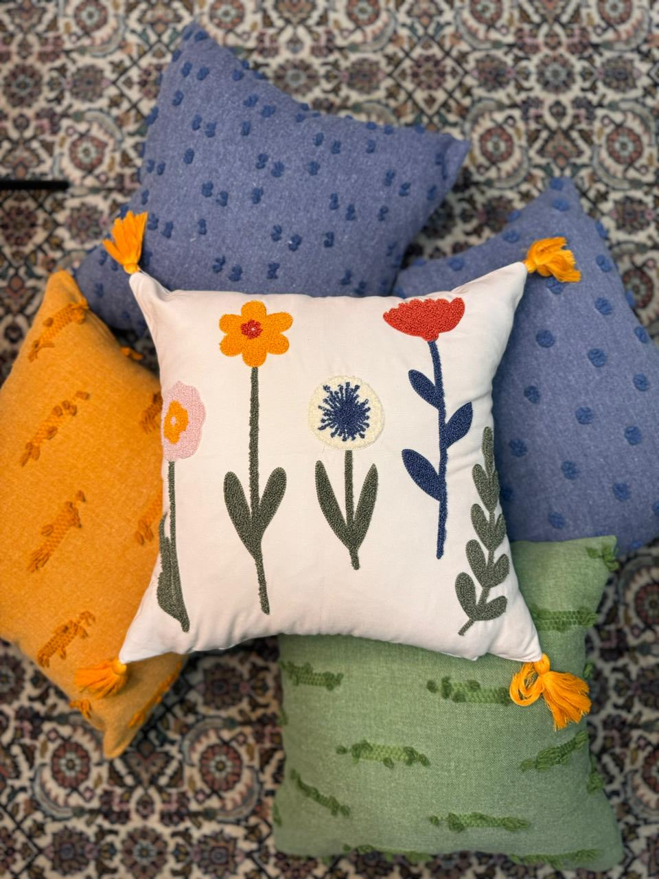 Bloomfield Collection - Square Embroidered Floral Cushion with Tassels