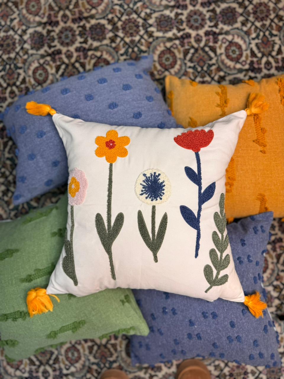 Bloomfield Collection - Square Embroidered Floral Cushion with Tassels
