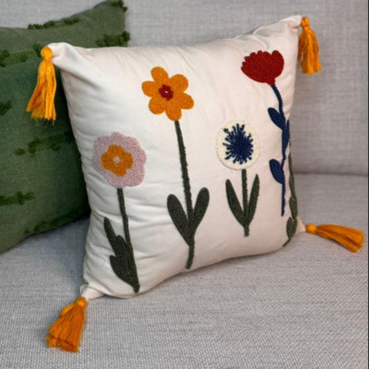 Bloomfield Collection - Square Embroidered Floral Cushion with Tassels