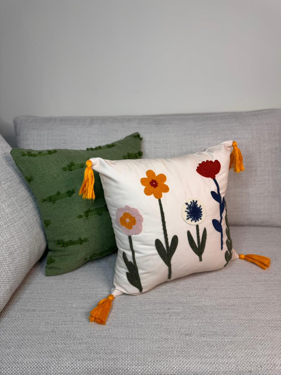 Sunny Bloom Collection – Square Floral Embroidered Cushion Cover with Yellow Tassels – 43x43 cm