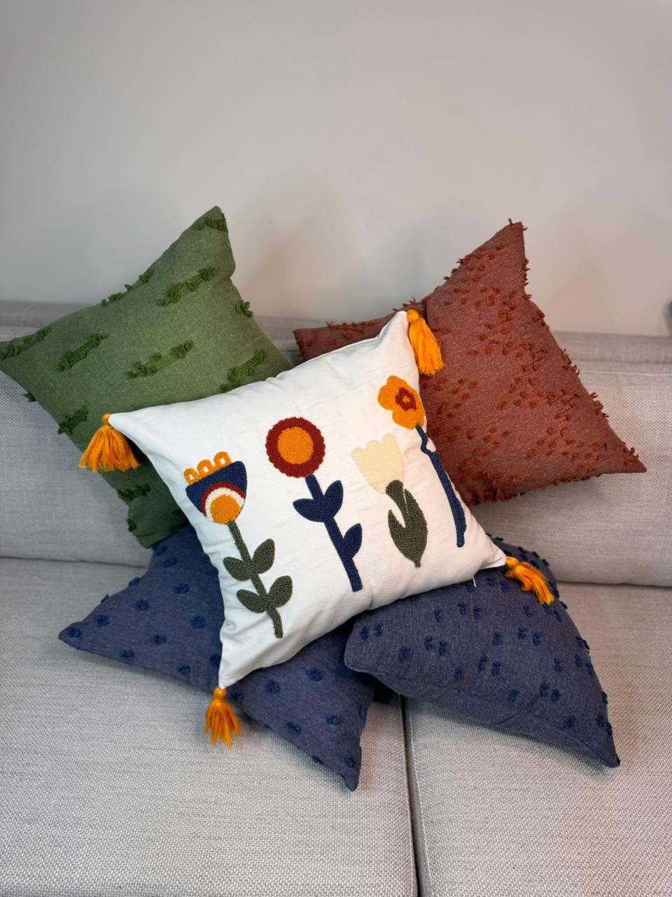 Sunny Bloom Collection – Square Floral Embroidered Cushion Cover with Yellow Tassels – 43x43 cm