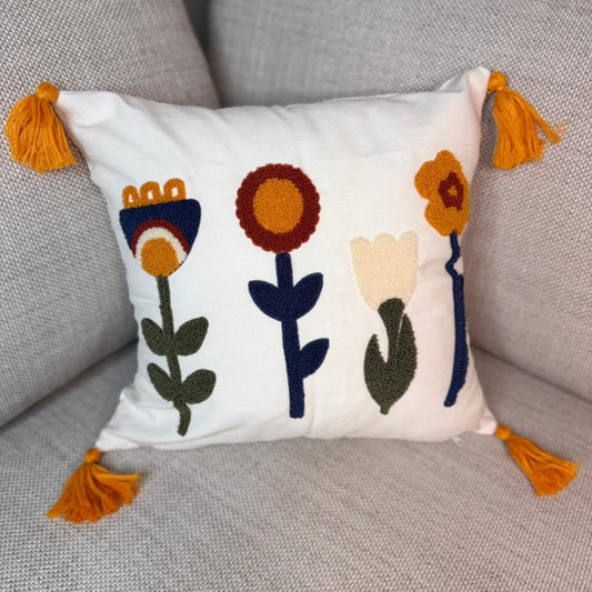 Sunny Bloom Collection – Square Floral Embroidered Cushion Cover with Yellow Tassels – 43x43 cm