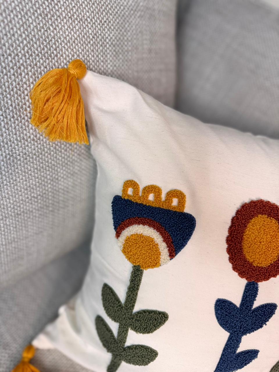Sunny Bloom Collection – Square Floral Embroidered Cushion Cover with Yellow Tassels – 43x43 cm