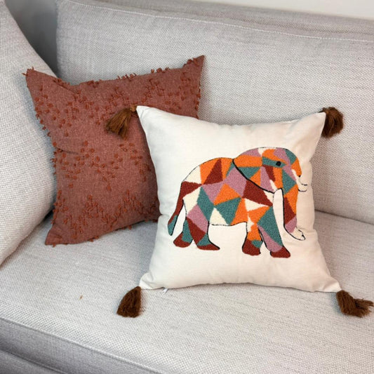Geometric Elephant Embroidered Cushion Cover with Tassels – 43x43 cm