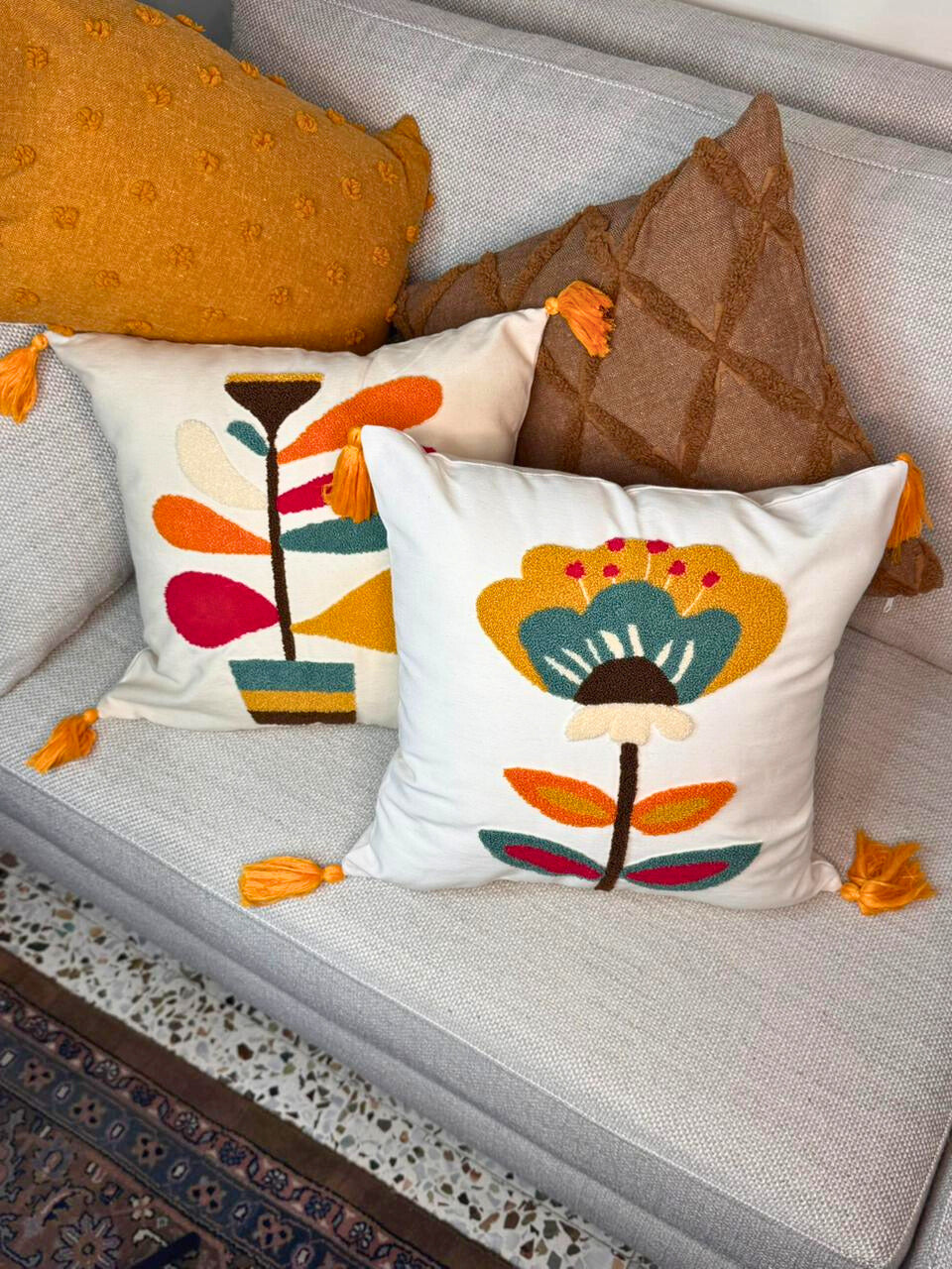Tufted Embroidered Floral Cushion Cover with Tassels – Modern Boho Decor