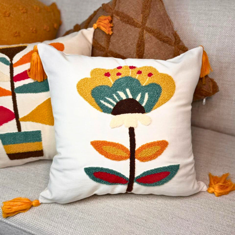 Tufted Embroidered Floral Cushion Cover with Tassels – Modern Boho Decor