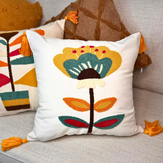Tufted Embroidered Floral Cushion Cover with Tassels – Modern Boho Decor