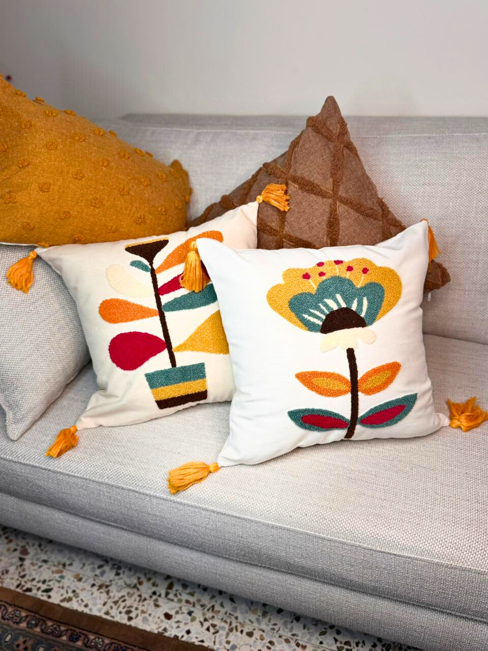 Tufted Embroidered Floral Cushion Cover with Tassels – Modern Boho Decor