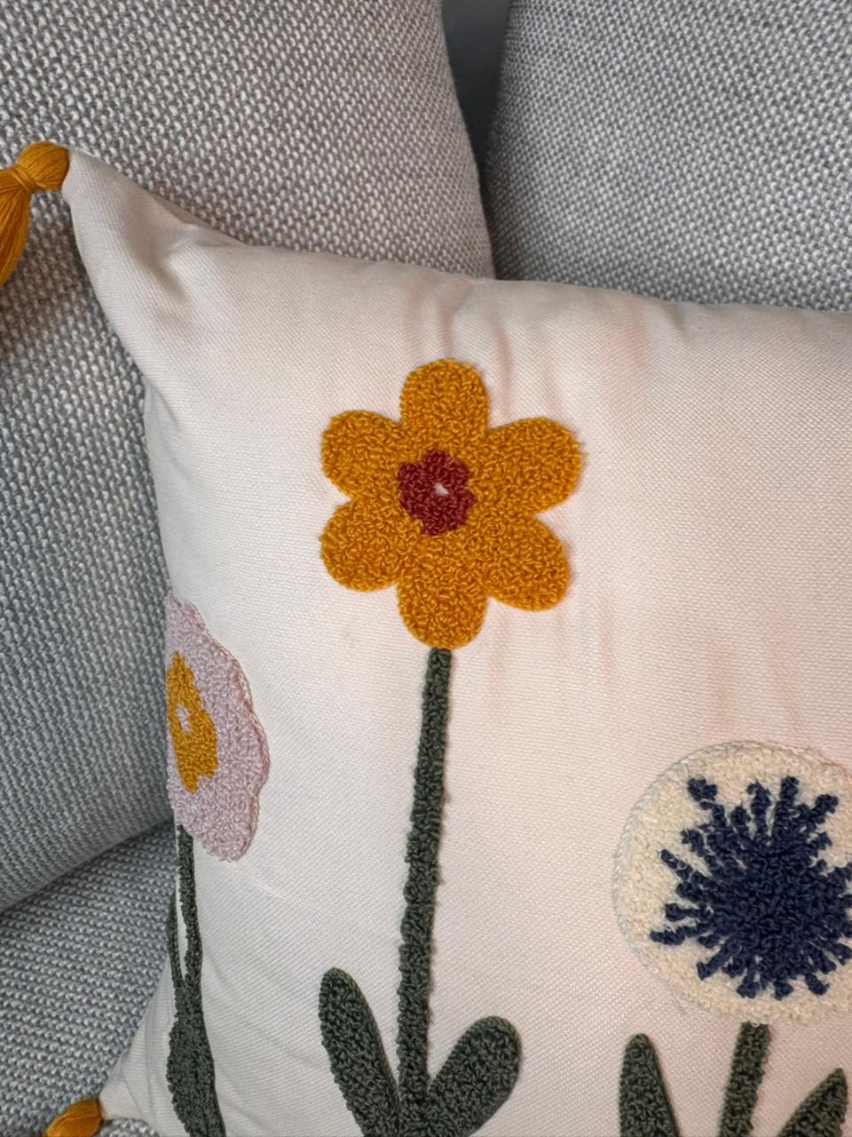 Bloomfield Collection - Square Embroidered Floral Cushion with Tassels