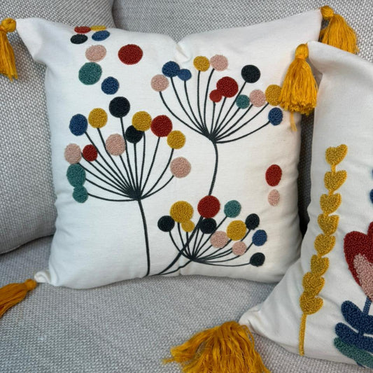 Vivid Bloom Collection – Square Embroidered Cushion Cover with Yellow Tassels – Dandelion Burst Motif – 43x43 cm