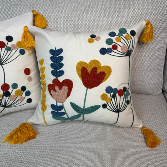Vivid Bloom Collection – Square Embroidered Cushion Cover with Yellow Tassels – Tulip Meadow Motif – 43x43 cm