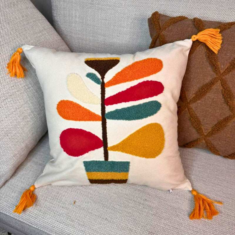 Tufted Embroidered Cushion Cover with Tassels – Modern Home Decor