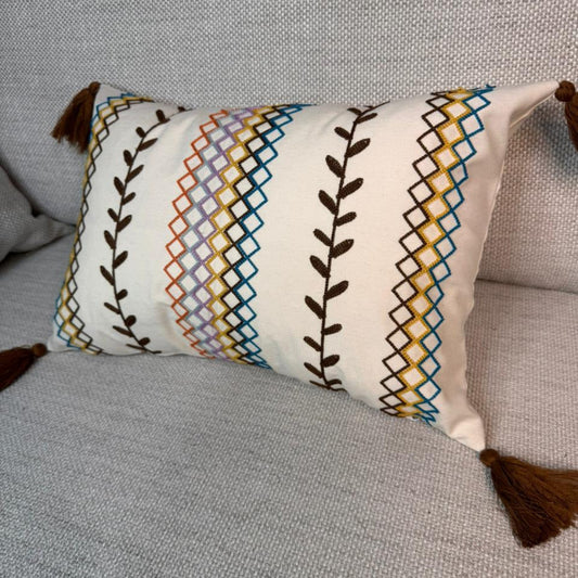 Boho Embroidered Rectangular Cushion Cover with Tassels – Multi-Color